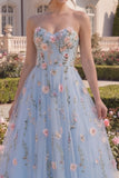 Strapless Floral Blue Corset A Line Tulle Long Prom Dress