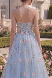 Strapless Floral Blue Corset A Line Tulle Long Prom Dress