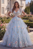 Floral Blue Appliqued Ball Gown Tulle Prom Dress