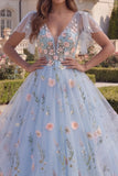 Floral Blue Appliqued Ball Gown Tulle Prom Dress