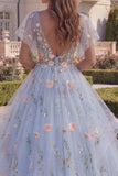 Floral Blue Appliqued Ball Gown Tulle Prom Dress