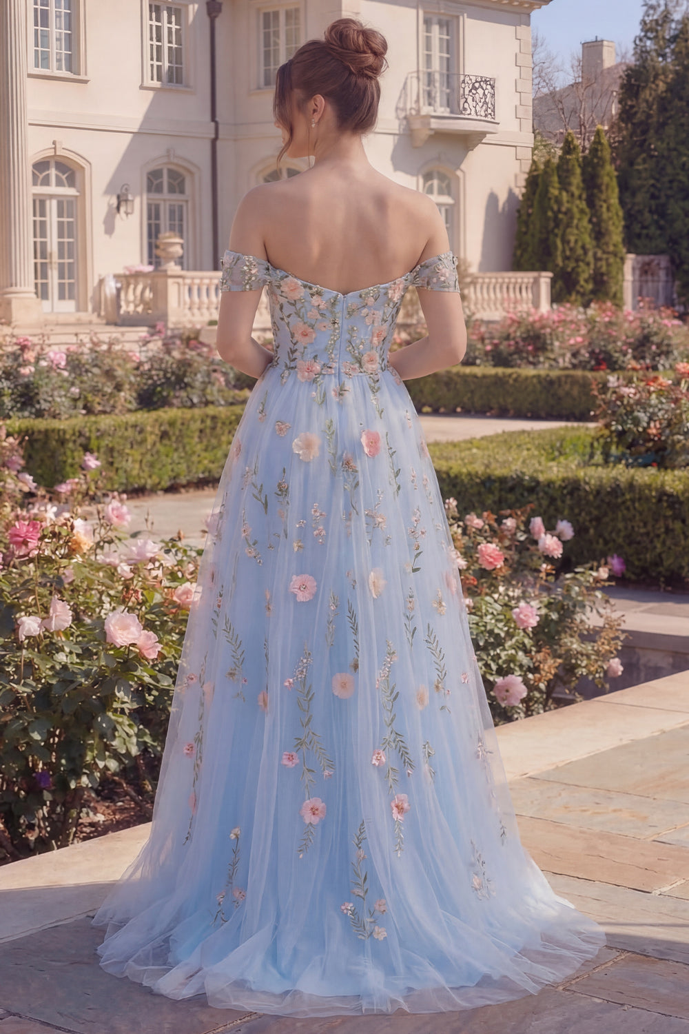 Wedtrend Women Off the Shoulder Floral Prom Dress Blue Corset High Low