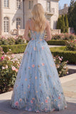 Floral Blue Corset A Line Appliqued Prom Dress