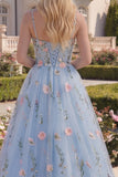 Floral Blue Corset A Line Appliqued Prom Dress