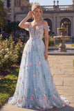 Cold Shoulder Floral Corset Blue A Line Prom Dress