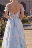 Cold Shoulder Floral Corset Blue A Line Prom Dress