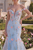 Mermaid Off the Shoulder Floral Corset Blue Prom Dress