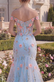 Mermaid Off the Shoulder Floral Corset Blue Prom Dress