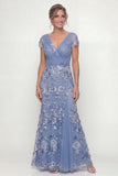 Dusty Blue A Line V-Neck Appliqued Mother of the Bride Dress with Short Sleeves