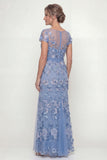 Dusty Blue A Line V-Neck Appliqued Mother of the Bride Dress with Short Sleeves