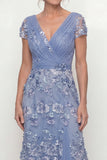 Dusty Blue A Line V-Neck Appliqued Mother of the Bride Dress with Short Sleeves