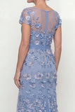 Dusty Blue A Line V-Neck Appliqued Mother of the Bride Dress with Short Sleeves
