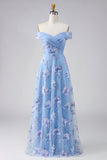 Off the Shoulder A Line Dusty Blue Mother of the Bride Dress with Appliques