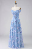 Off the Shoulder A Line Dusty Blue Mother of the Bride Dress with Appliques