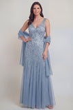 Grey Blue Appliqued A Line Mother of the Bride Dress