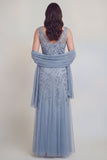 Grey Blue Appliqued A Line Mother of the Bride Dress