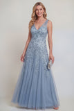 Grey Blue Appliqued A Line Mother of the Bride Dress