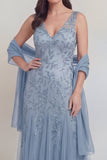 Grey Blue Appliqued A Line Mother of the Bride Dress