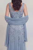 Grey Blue Appliqued A Line Mother of the Bride Dress
