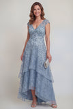 Sequin High Low Ruffled Grey Blue Mother of the Bride Dress