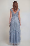 Sequin High Low Ruffled Grey Blue Mother of the Bride Dress