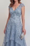 Sequin High Low Ruffled Grey Blue Mother of the Bride Dress
