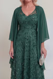 Sparkly Navy A Line V Neck Maxi Mother of the Bride Dress with Cape