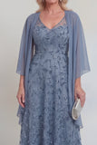 Sparkly Navy A Line V Neck Maxi Mother of the Bride Dress with Cape
