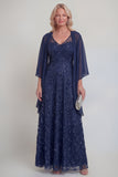 Sparkly Navy A Line V Neck Maxi Mother of the Bride Dress with Cape