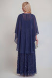 Sparkly Navy A Line V Neck Maxi Mother of the Bride Dress with Cape