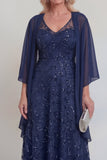 Sparkly Navy A Line V Neck Maxi Mother of the Bride Dress with Cape