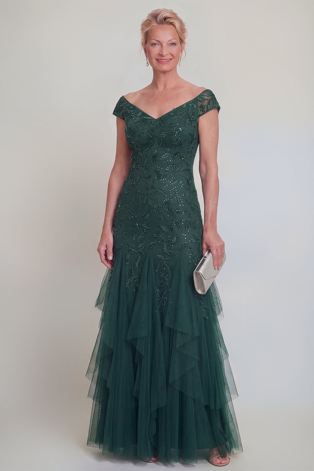 Wedtrend Women Dark Green Mother of the Bride Dress Appliqued Ruffled A