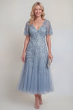 Grey Blue Sequin A Line V Neck Midi Mother of the Bride Dress
