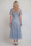 Grey Blue Sequin A Line V Neck Midi Mother of the Bride Dress