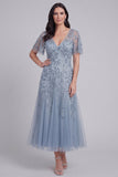 Grey Blue Sequin A Line V Neck Midi Mother of the Bride Dress
