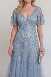 Grey Blue Sequin A Line V Neck Midi Mother of the Bride Dress