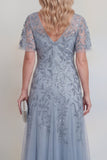 Grey Blue Sequin A Line V Neck Midi Mother of the Bride Dress