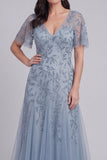 Grey Blue Sequin A Line V Neck Midi Mother of the Bride Dress