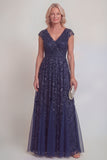 Sparkly Navy A Line Appliqued V Neck Mother of the Bride Dress