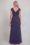 Sparkly Navy A Line Appliqued V Neck Mother of the Bride Dress