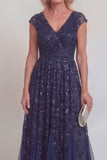 Sparkly Navy A Line Appliqued V Neck Mother of the Bride Dress