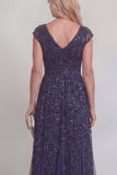 Sparkly Navy A Line Appliqued V Neck Mother of the Bride Dress