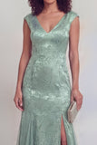 Sage Green Jacquard Mermaid V Neck Maxi Mother of the Bride Dress with Slit