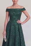 Dark Green Off the Shoulder Jacquard A Line Mother of the Bride Dress