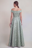 Dark Green Off the Shoulder Jacquard A Line Mother of the Bride Dress