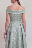 Dark Green Off the Shoulder Jacquard A Line Mother of the Bride Dress