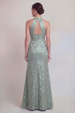 Halter Jacquard Mermaid Sage Green Mother of the Bride Dress
