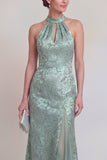Halter Jacquard Mermaid Sage Green Mother of the Bride Dress