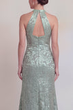 Halter Jacquard Mermaid Sage Green Mother of the Bride Dress