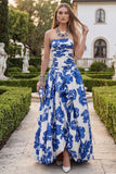 White Blue Floral Strapless A Line Printed Wedding Guest Dress